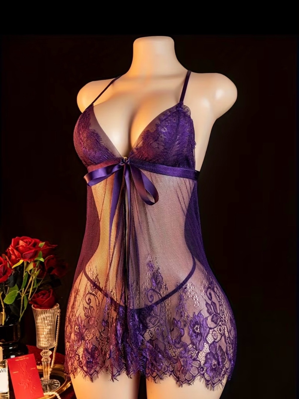 Others Follow Sheer Purple Lace Babydoll Chemise with Satin Tie
